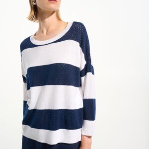 Cotton Blend Stripe Print Crewneck Sweater | Vanilla/Indigo