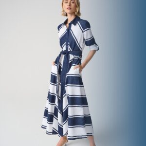 Cotton Stripe Print Fit and Flare Shirt Dress with Reversible Sash | Navy/White